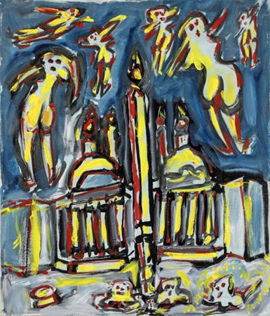 Mario Martini, PIAZZA DEL POPOLO Olio su tela, cm 70x60Firma sul fronte e retro