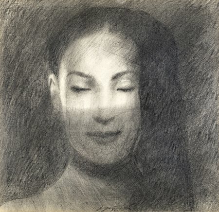 Omar Galliani, FIGURA DI DONNA Matita grassa su carta, cm 33x34 Firma e data...