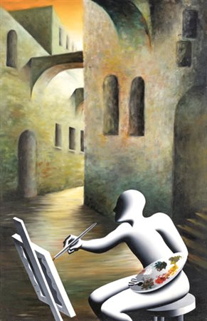 Mark Kostabi, OIL AND WATER Olio su tela, cm 200x130Al retro firma e data...