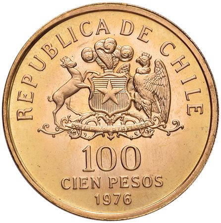CILE.Astuccio 1976 con 100 pesos in oro e 10 e 5 pesos in cupro-nichel. FDC.