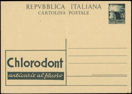[REPUBBLICA] 1951Cartolina posta pubblicitaria "Chlorodont". 15 lire serie...