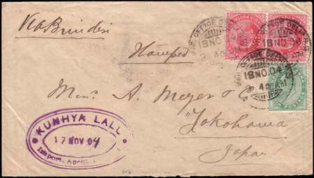 [INDIA] 1904 (18 nov.)Busta da Delhi per Yokohama (Giappone), affrancata con...