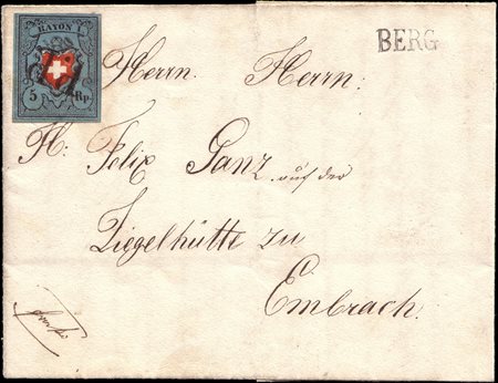 [SVIZZERA] 1851 (2 feb.)Poste Federali.Lettera con testo da Berg per Embrach...