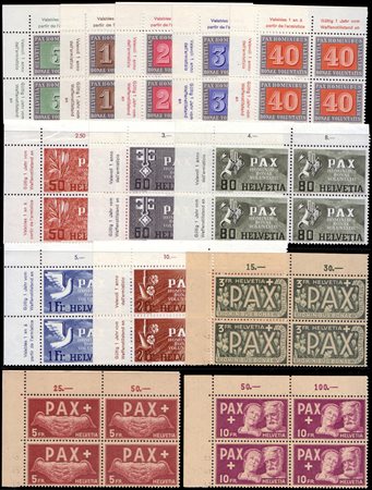 [SVIZZERA] 1945"Pax". Serie completa di 13 valori in quartine angolo di...
