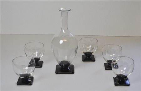 Karaffe mit 4 Gläsern, 20er/30er-Jahre;Kristall, quadratischer Sockel in...