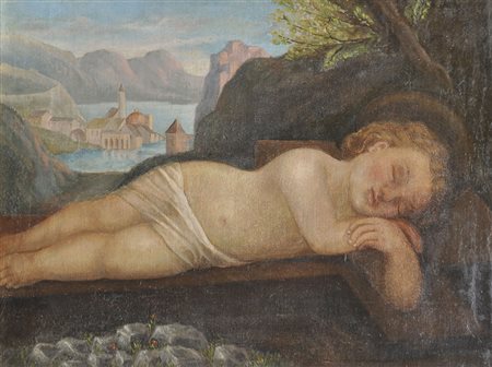 Maler des 19. Jh. Ruhendes Jesuskind;Öl auf Leinwand, 35,5 x 48,5 cm,...