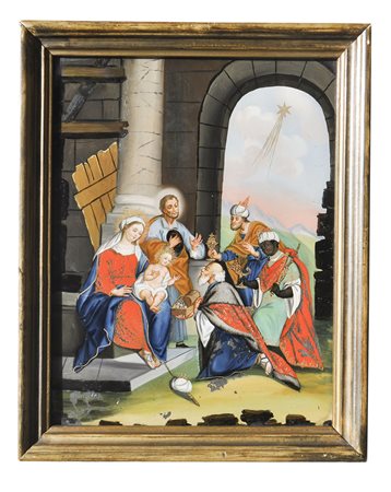 - Hinterglasbild „Anbetung der Hl. Drei Könige“;26,5 x 20,5 cm, kleine...