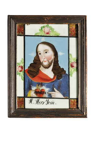 - Hinterglasbild „H. Herz Jesu“, 19. Jh.;27 x 19,5 cm, Originalrahmen
