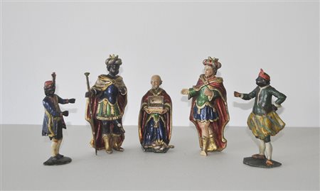 - 5 Krippenfiguren (Drei Könige, 2 Diener), Tirol um 1800;Holz gefasst, max....