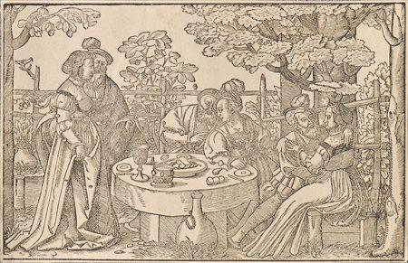 Holzschneider um 1500 Drei Paare beim Mahl;Holzschnitt, 21,4 x 33,4 cm