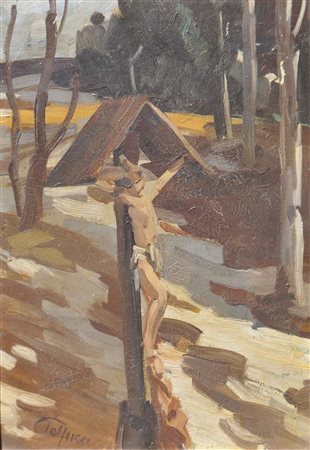 Josef Telfner (Meran/Merano 1874 – Gufidaun/Gudon 1948) Wegkreuz;Öl auf...