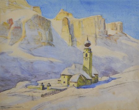 Franz Lenhart Kirche in Kolfuschg;Aquarell, Farbkreiden, 39 x 49 cm, gerahmt...