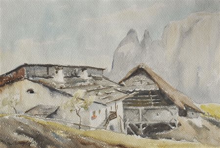 Rudolf Complojer Hof mit Schlern;Aquarell, 31 x 46,5 cm, gerahmt Signiert