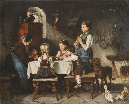 Franz von Defregger – Nachfolger/seguace Tischgebet;Öl auf Leinwand, 46,5 x...