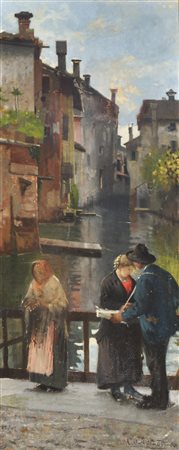 Angelo Dall’Oca Bianca (Verona 1858 – 1942) Figuren an Kanalbrücke;Öl auf...
