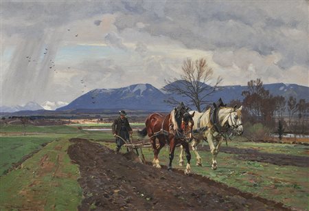 Otto Strützel (Dessau 1855 – Müchen 1930) Pflügender Bauer vor Brauneck und...
