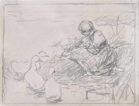 Alexander Koester Mädchen beim Entenfüttern;Bleistift, 10,3 x 13,5 cm...