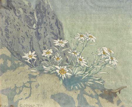 Carl Moser Edelweiß, 1926;Farbholzschnitt, 25 x 31,2 cm, gerahmt...