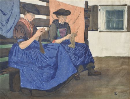 Karl Pferschy Strickende im Sarntal, 1912 (1888 – 1930);Farbholschnitt, 41 x...