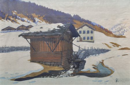 Karl Pferschy Mühle im Sarntal, 1912;Farbholzschnitt, 31,5 x 47 cm,...