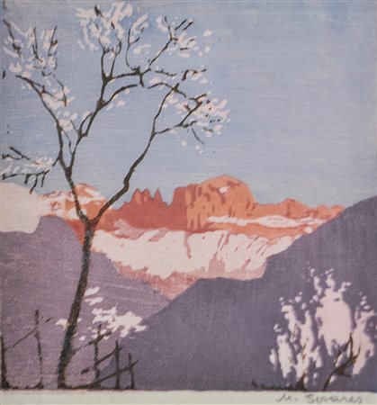 Max Sparer Baumblüte vor Rosengarten;Farbholzschnitt, 23 x 21,5 cm Handsigniert