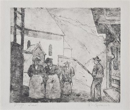 Max Sparer Kirchgang in Sarnthein;Radierung, 15,5 x 18 cm (Platte) Handsigniert