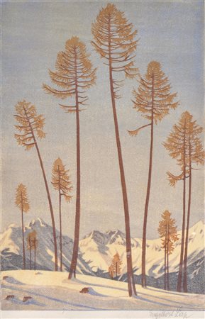 Engelbert Lap Lärchen;Farbholzschnitt, 26,5 x 17,5 cm (Darstellung), gerahmt...