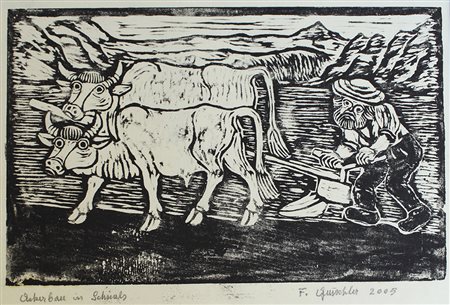 Friedrich Gurschler Ackerbau in Schnals, 2005;Holzschnitt, 23 x 37 cm,...