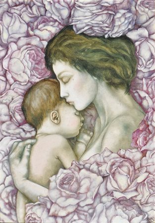 Gundi Groh (* Wien/Vienna 1940) Mutter mit Kind, 1994;Öl auf Platte, 34 x 24...