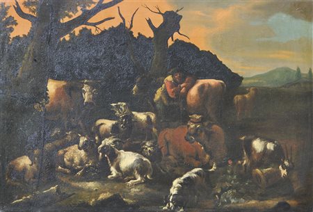 Niederländischer Barockmaler Szene mit Tieren;Öl auf Leinwand, 77 x 92 cm,...