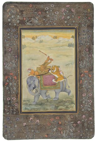 Moghul-Herrscher auf einem Jagdelefanten reitend...;im Kampf mit einem Tiger....