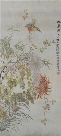 - Bunter Vogel in Geäst, China, um 1880–1920;Seidenstickerei, 88 x 41 cm...