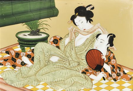 - Japanisches Hinterglasbild „Liebespaar“, 19. Jh.;44 x 65 cm, gerahmt