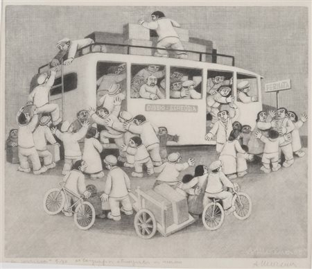 ALBERICO MORENA (Gubbio 1926 - Spoleto 2014) Una corriera, 1968 Xilografia...