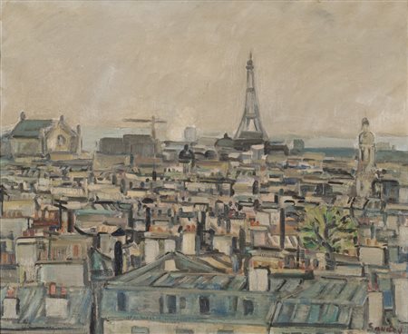 ROBERT SAVARY (Parigi 1920 - 2000) L'opera e la tour Eiffel de toits de Paris...
