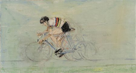 GIOVANNI STRADONE (Roma 1911 - 1981) Coppi in pista Olio su tela, cm. 43,5 x...