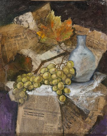 UGO LOMBARDO (Genova 1922 - 2001) Uva e giornali, 1990 Tecnica mista e...