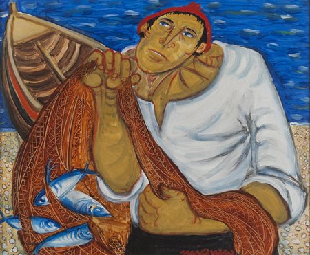 GIUSEPPE MIGNECO (Messina 1903 - Milano 1997) Pescatore Olio su tela, cm....