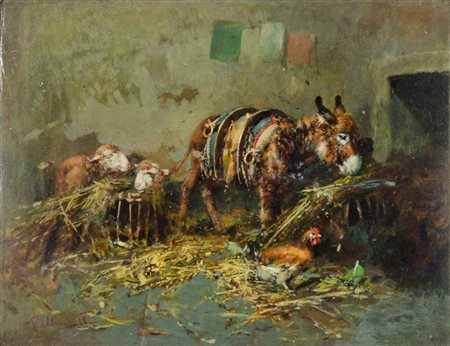 Tito Pellicciotti 1871-1950 "Riposo nella stalla" cm. 20x25 - olio su...