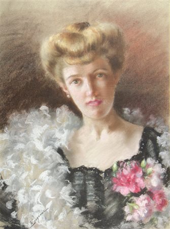 Eugenie "Gentildonna con fiori" cm. 68x47 - pastelli colorati Firmato b. a s.