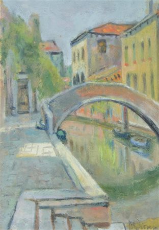 Pompeo Piovesan Meduna di Livenza 1908 "Ponte sul canale" cm. 34x24 - olio su...