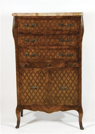 Mobiletto a 6 cassetti e 2 ante in legno riccamente intarsiato a rombi, piano...
