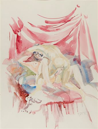 Drago Marin Cherina 1949 "Giochi a letto" cm. 50x37 - acquarello su carta...