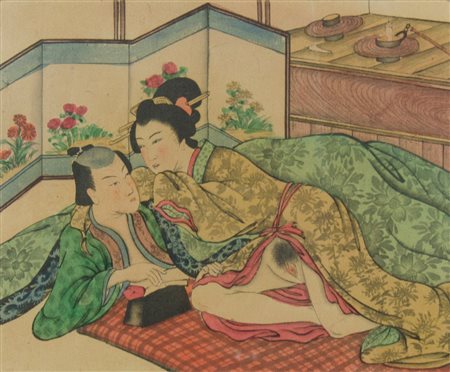 Lotto di 4 stampe giapponesi acquerellate a mano raffiguranti scene erotiche,...