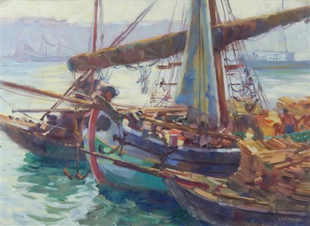 Leo Adler 1897-1987 "Barche di pescatori" cm. 35x48 - olio su cartone Firmato...