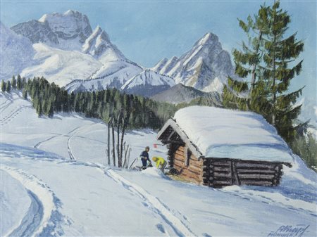 Rudolf Krapf 1885-1965 "Sciatori in riposo" cm. 30x40 - olio su cartone...