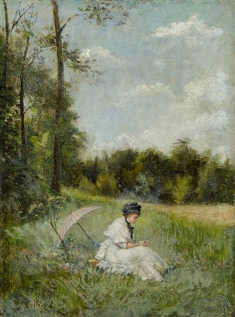 Pittore del XIX secolo "Ragazza con l'ombrellino" cm. 33x25 - olio su tela...