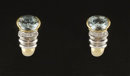 Orecchini in oro giallo e bianco con acquamarina ovale e brillantini