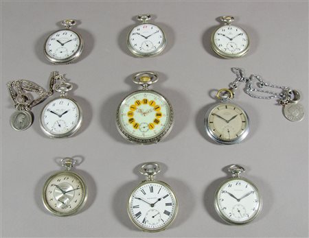 Collezione di 9 orologi da taschino tra cui Longines, Eberhard, Omega,...