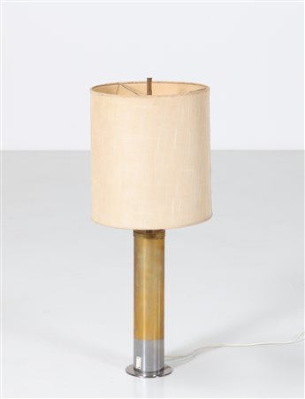 STILNOVO Lampada da tavolo in ottone con paralume in tessuto, anni 50....